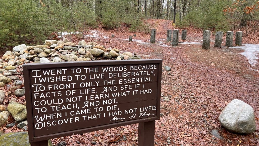 The site of the hut where Thoreau lived, marked by the columns.